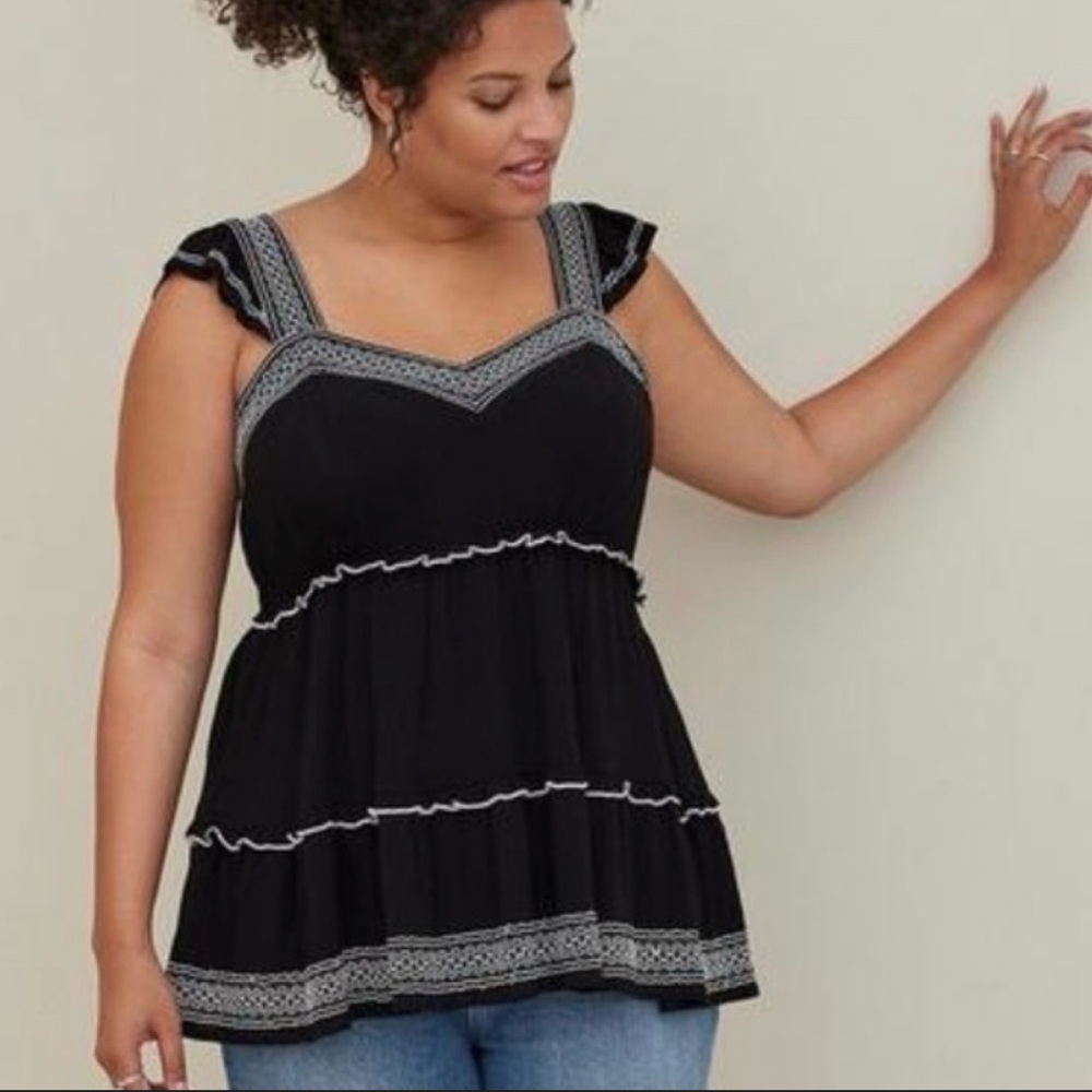 Torrid Babydoll Crinkle Gauze Embroidered Blouse (Box G)